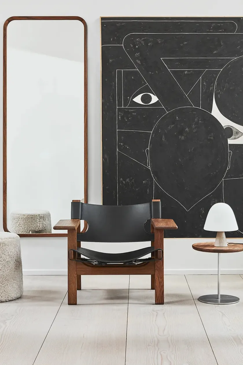 Fredericia Furniture Den Spanske Stol i sort læder, valnød olie af Børge Mogensen> Lænestole