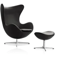 Fritz Hansen Ægget, Cognac Aura læder, uden returdrej inkl. skammel af Arne Jacobsen> Lænestole