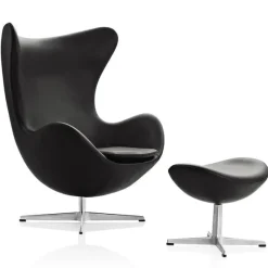 Fritz Hansen Ægget, Sort Aura læder, med returdrej inkl. skammel af Arne Jacobsen> Lænestole