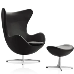 Fritz Hansen Ægget, Sort Essensial læder, uden returdrej inkl. skammel af Arne Jacobsen><noscript><img width=