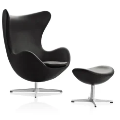 Fritz Hansen Ægget, Sort Grace læder, med returdrej inkl. skammel af Arne Jacobsen> Lænestole