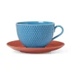 Lyngby Porcelæn Rhombe Tekop m. underkop blå/terracotta fra> Service