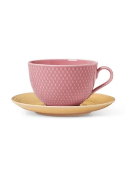Lyngby Porcelæn Rhombe Tekop m. underkop blå/terracotta fra><noscript><img width=
